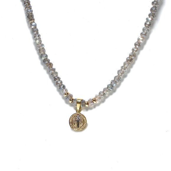 14k Gold Saint Benedict Medal & Labradorite Stone Knotted Necklace - Picture 5 of 8